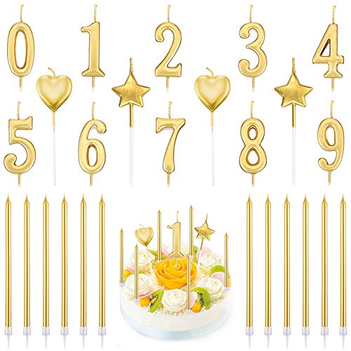 PUDSIRN 26-teiliges Geburtstags-Kerzen-Set, 10-teilige Nummer 0-9 Glitter Cake Topper-Dekoration mit 16-teiligen langen Stern- und Herz-Geburtstagskerzen (Golden) von PUDSIRN