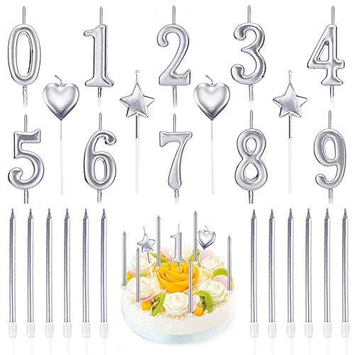 PUDSIRN 26-teiliges Geburtstags-Kerzen-Set, 10-teilige Nummer 0-9 Glitter Cake Topper-Dekoration mit 16-teiligen langen Stern- und Herz-Geburtstagskerzen (Silber) von PUDSIRN