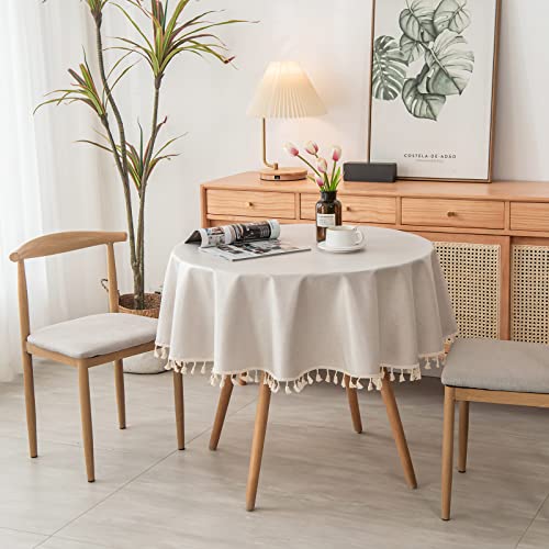 PUDSIRN Tischdecke, Polyester wasserdichte Tischdecken, Rechteck Falten freie Quaste Tischwäsche für Küche Essen, Party, Urlaub (Runden140 cm, Beige) von PUDSIRN