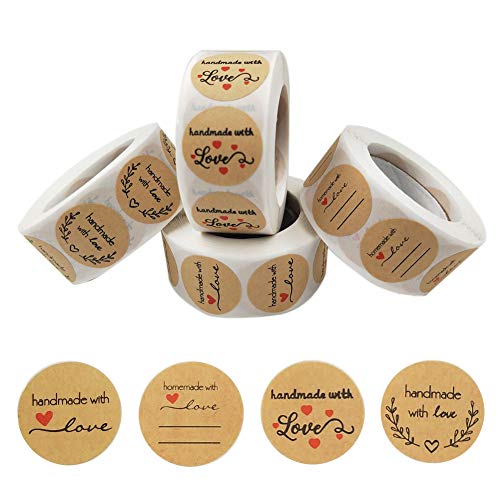 2000 Stück Handmade Aufkleber,Etiketten Marmelade 4 Rollen Love Aufkleber Sticker Kraft Selbstgemacht Mit Liebe Aufkleber Etiketten Rund Selbstklebend Geschenkaufkleber von PUERHUACI