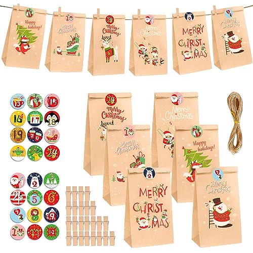 24 Adventskalender Zum Befüllen Tüten,Adventskalender Tüten Zum Befüllen,Papiertüten Adventskalender Selber Befüllen mit Tüten und Zahlen Aufkleber,Weihnachtskalender Zum Befüllen von PUERHUACI