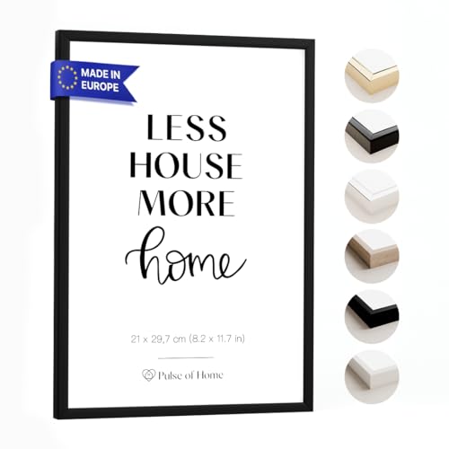 Holz Bilderrahmen DIN A4 (21x29.7 cm) in Schwarz - Dünner Rahmen Ideal für Fotos, Poster, Kinderzeichnungen & Kunst - Dekoration für Kinderzimmer & Wohnbereich — Langlebig und vielseitig einsetzbar von PULSE of HOME