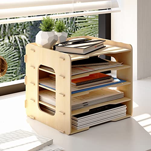 PUNCIA Dokumentenablage A4 Briefablage 5 Ablagefächer Holz Schreibtisch Datei Organizer Papierablage Aktenaufbewahrung Ablagesystem Dokumentenhalter Ordner für Büro Arbeitszimmer Schule Office von PUNCIA