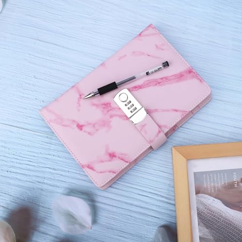 PUNELE A5 Notebook Papier Tagebuch Notizblock mit 3-digiten Passwortschloss Marmored PU Leder Cover Cremefarbenes Offsetpapier für Office School Work Travel (Pink-Marble-Codebuch) von PUNELE