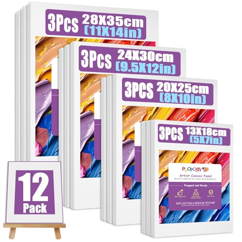 PUOPOSTY 12 Wertpack Gespannte Leinwände für Gemälde, Mehrfachgrößen (13x18, 20x25, 24x30, 28x35cm), 100% Baumwoll-Leinwände, säurefrei für Öl- und Acrylfarben, für Anfänger, Profis und Künstler von PUOPOSTY