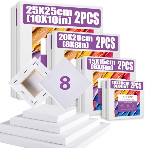 PUOPOSTY 8 Wertpack Gespannte Leinwände für Gemälde, Mehrfachgrößen (10*10, 15*15, 20*20, 25*25cm), 100 % Baumwoll-Leinwände, säurefrei für Öl- und Acrylfarben, für Anfänger, Profis und Künstler von PUOPOSTY