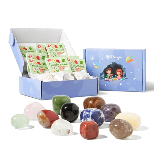 PURAJA 12x Edelsteine als Glückssteine für Kinder | Einzeln verpackt | Glücksbringer Stein als Mitgebsel Kindergeburtstag | Glücksbringer Kinder | Geburtstag Mitgebsel von PURAJA