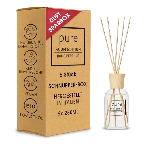 PURE ROOM EDITION Schnupper-Box mit 6 Raumdüften: natürliche Inhaltsstoffe, vegan & tierversuchsfrei, Bio-Alkohol, Diffuser mit Stäbchen hergestellt in Italien, 1 Karton (6x250ml - 1500ml) von PURE ROOM EDITION