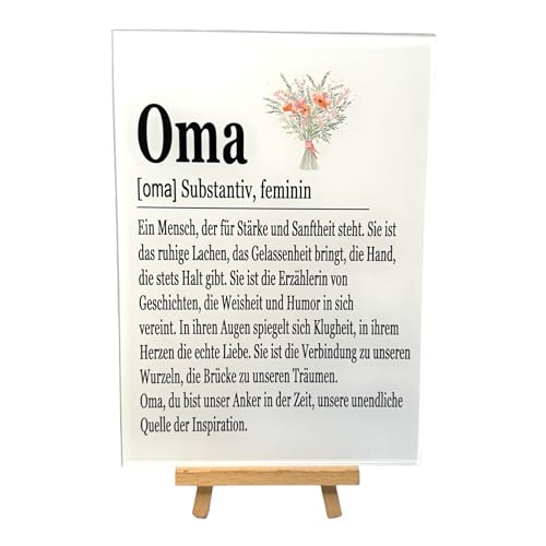 PURESIZE Oma Geschenk Acrylglasbild mit Staffelei zum Aufstellen - Liebevolle Definition, 15x21 cm, Bild im Schwarz-Weiß Design - Ideal als Geburtstagsgeschenk, als Dankeschön oder zu Ostern von PURESIZE
