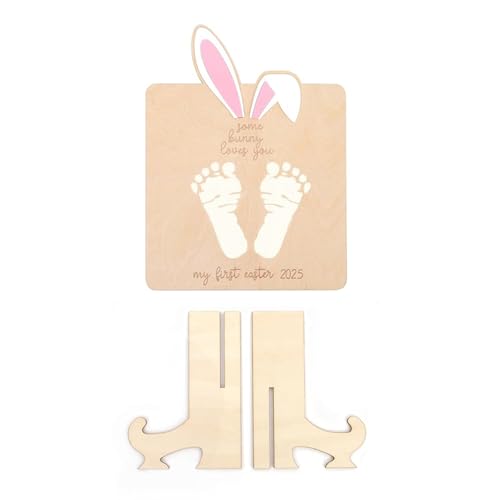 PURPLELILY Holzschild mit Osterhasen-Ohren, Baby-Fußabdruck, Handabdruck, für die ersten Meilensteine des Babys, Holzbrett und Heimdekoration, Fußabdruck, Holztischschild PURPLELILY Holzschild mit Osterhasen-Ohren, Baby-Fußabdruck, Handabdruck, für die ersten Meilensteine des Babys, Holzbrett und Heimdekoration, Fußabdruck, Holztischschild von PURPLELILY