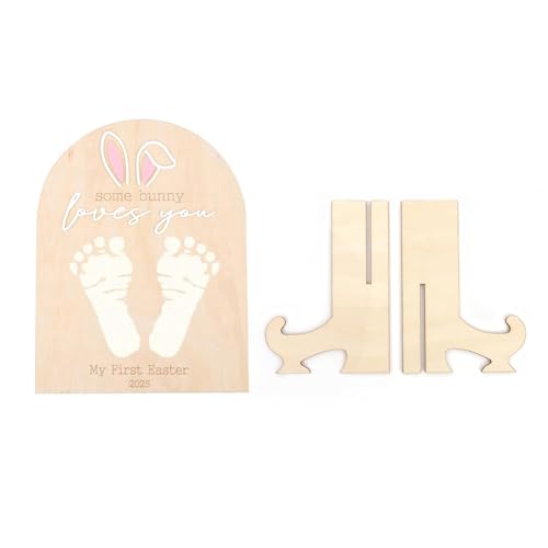 PURPLELILY Holzschild mit Osterhasen-Ohren, Baby-Fußabdruck, Handabdruck, für die ersten Meilensteine des Babys, Holzbrett und Heimdekoration, Fußabdruck, Holztischschild PURPLELILY Holzschild mit Osterhasen-Ohren, Baby-Fußabdruck, Handabdruck, für die ersten Meilensteine des Babys, Holzbrett und Heimdekoration, Fußabdruck, Holztischschild von PURPLELILY