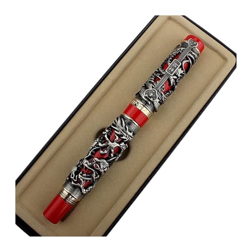 PURYN Luxuriöser Füllfederhalter mit Metallschnitzerei-Prägung, Drache und Phönix, 0,5 mm Feder, schwerer Füllfederhalter, Schullehrer, Geschenk, Büro, Schule, Tinte, Stift (E, fein 0,5 mm) von PURYN