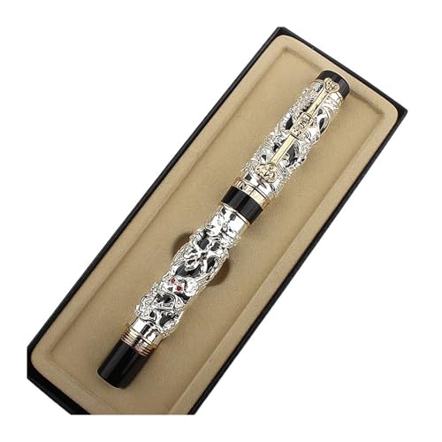 PURYN Luxuriöser Füllfederhalter mit Metallschnitzerei-Prägung, Drache und Phönix, 0,5 mm Feder, schwerer Füllfederhalter, Schullehrer, Geschenk, Büro, Schule, Tintenstift (C, extra fein 0,4 mm) von PURYN