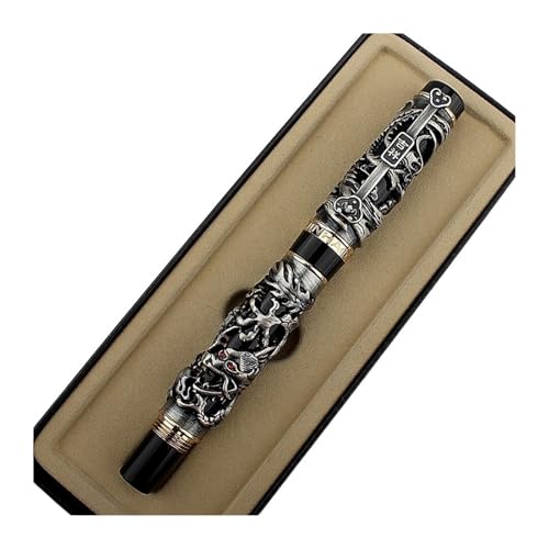 PURYN Luxuriöser Füllfederhalter mit Metallschnitzerei-Prägung, Drache und Phönix, 0,5 mm Feder, schwerer Füllfederhalter, Schullehrer, Geschenk, Büro, Schule, Tintenstift (H, Medium 0,6–0,7 mm) von PURYN