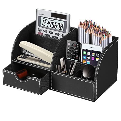 PUSU Büro Schreibtisch Organizer Leder, Multifunktions Schreibtisch Organisator mit Schublade,Stifthalter,Briefablage,Schreibwaren Set,für Visitenkarten, Stifte, Handy, Fernbedienung,Bürobedarf von PUSU