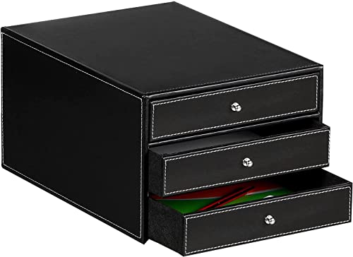 PUSU Schwarz Schubladenbox, schubladenbox a4 mit 3 geschlossenen Schubladen für DIN A4/C4,PU-Leder schubladenboxen Schreibtisch mit kleinem Metallgriff,Document Organizer dokumentenablage büro ablage von PUSU
