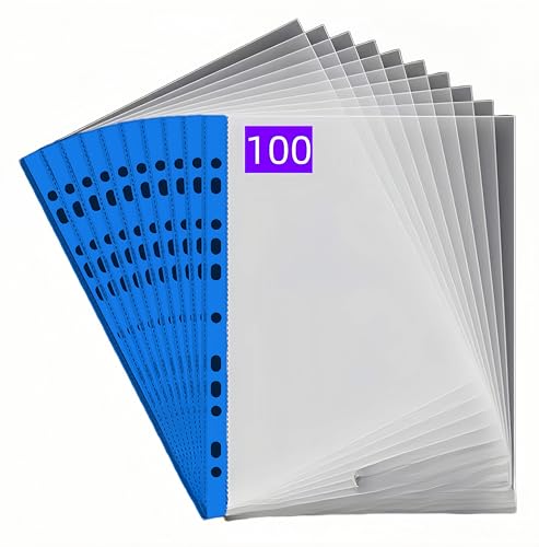 PUTOAHAO Klarsichthüllen A4, 100 Stück, aus PP (0.06mm), Glasklar,mit 11 Lochungen für 2/3/4-Ring-Ordner, Prospekthüllen DIN A4 für Dokumente (Blaue Seite) von PUTOAHAO