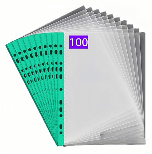 PUTOAHAO Klarsichthüllen A4, 100 Stück, aus PP (0.06mm), Glasklar,mit 11 Lochungen für 2/3/4-Ring-Ordner, Prospekthüllen DIN A4 für Dokumente (Grün Seite) von PUTOAHAO