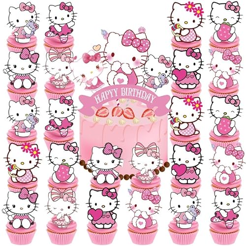 25 Stück Rosa Katze Kuchendecko – 1x Happy Birthday Torten Topper & 24x Cupcake Topper,Süße Anime Partydeko für Kindergeburtstag, Mädchen Motto Party 25 Stück Rosa Katze Kuchendecko – 1x Happy Birthday Torten Topper & 24x Cupcake Topper,Süße Anime Partydeko für Kindergeburtstag, Mädchen Motto Party von PUTUODA