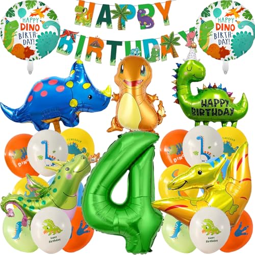 Dino Geburtstag Deko 4 Jahre,25 Stück Geburtstag Deko Set für Kindergeburtstag XXL Dinosaurier Folienballons, Happy Birthday Girlande & Luftballons für dino party geburtstagsdeko jungen (A) von PUTUODA