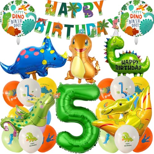 Dino Geburtstag Deko 4 Jahre,25 Stück Geburtstag Deko Set für Kindergeburtstag XXL Dinosaurier Folienballons, Happy Birthday Girlande & Luftballons für dino party geburtstagsdeko jungen (B) von PUTUODA