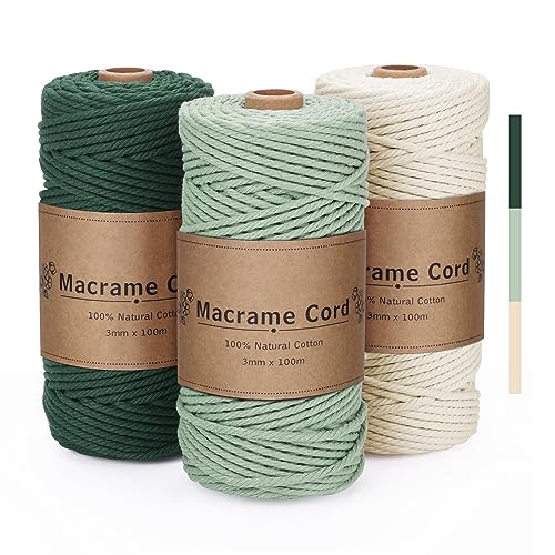PUWOWYE 3 Stück Makramee Garn 3mm, Makramee Garn Set Grün, Makramee Baumwollgarn 3mm, Baumwollkordel Natur 3mm, Baumwoll Bastelschnur für Basteln Stricken Boho Deko DIY Handwerk, 3x100M von PUWOWYE