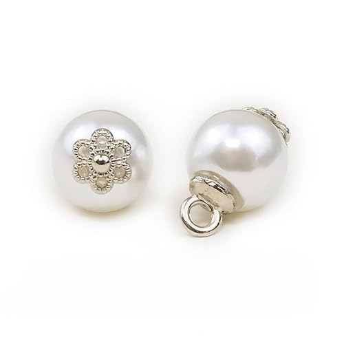 Modische Knöpfe, 20 Stück, 10 x 6 mm, weiß-Silber, kleine runde Kugelperlen, halbrunde Perlen, dekorativ for Stoffbastelarbeiten, Kunstharz-Ösenknöpfe(3# Silver Base Round) von PUYUNA