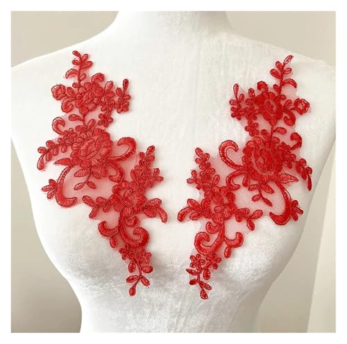 Spitzenapplikation, Spitzenapplikation, 1 Paar Blumen for Aufnähen von Spitzenflicken, Stickapplikation, Reparatur for Brautkleider, 25 x 12 cm, for Brautkleider, Brautschmuck, Bastelarbeiten (rot)(Re von PUYUNA