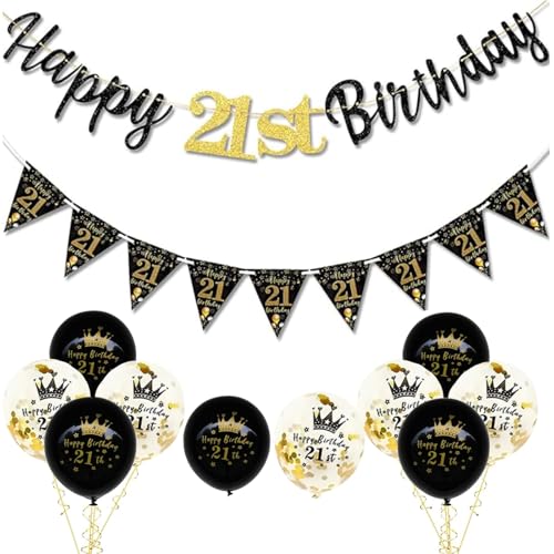 21 Geburtstag Deko,Geburtstagsdeko,Schwarz Gold Deko Geburtstag,21 Happy Birthday für Frauen Mann für Party Event Dekoration von PWCTNT