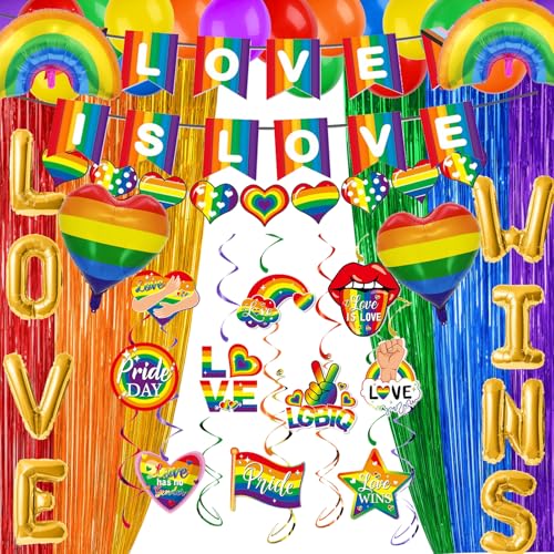 Pride Party Dekorationsset, LGBTQ Dekor-Set enthält 42 Luftballons, 12 Regenbogen hängende Wirbel, 2 helle Liebesbanner, 2 Regenbogen-Folien-Fransenvorhänge für Pride Month Partyzubehör von PWHUQ