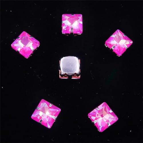 Aufnähbare Strasssteine aus Glas, 50 Stück/Beutel 8mm quadratische Form Glas Kristall Silber Metall Klaue Einstellung Nähen auf Strass Applikation(8mm 50pcs A35 Fuchsia AB) von PXAMORTEL