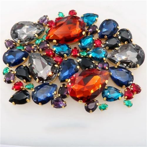 Aufnähbare Strasssteine aus Glas, 50 Stück/Beutel goldene Klauenfassung Glas Kristall Größen Mix Wassertropfen Form Nähen auf Strass Perlen(A28 Dark Colors) von PXAMORTEL