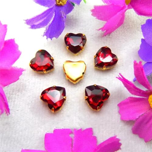 Aufnähbare Strasssteine aus Glas, Goldfarbene Mischung Herz Nähen auf Strass Perlen DIY Applikation(10mm 20pcs A20 Dark Red) von PXAMORTEL