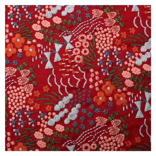 Bedruckter Baumwollstoff, Blumenstickerei Slub Baumwolle Leinen Stoff DIY Manuelle Tasche Tischdecke Kissen Meterware(Red) von PXAMORTEL