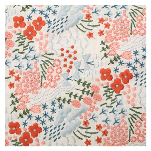 Bedruckter Baumwollstoff, Blumenstickerei Slub Baumwolle Leinen Stoff DIY Manuelle Tasche Tischdecke Kissen Meterware(White) von PXAMORTEL