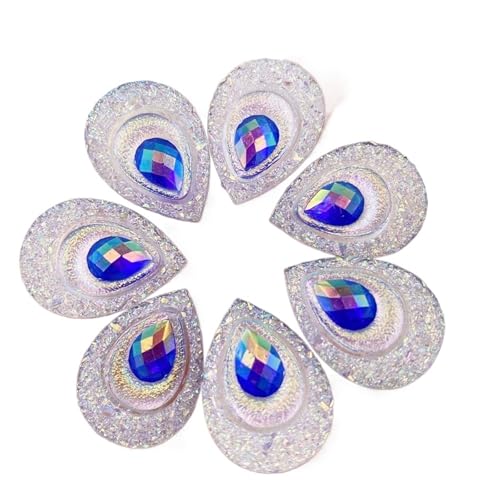 Flat Back Strasssteine Diamante, 50 stücke 18 * 25mm Tropfen AB Harz Pfau Auge Flatback Strass Ornament Applique Hochzeit DIY Sammelalbum Diamant Kunst(White Blue) von PXAMORTEL