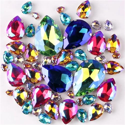 PXAMORTEL Glaskristalle zum Nähen, Strassperlen aus Glas mit silberfarbenen Krallen, 7 Größen, 50 Stück gemischt/Beutel, in Tropfenform, zum Aufnähen (A5 AB Farben gemischt) von PXAMORTEL