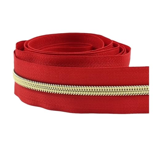 PXAMORTEL Metallische Nylon-Reißverschlüsse, Nylon-Reißverschlussband mit Gold-silbernen Zähnen for Nähen von Taschen, Kleidungsstücken, DIY, Mehrfarbig, mehrere Längen(Red,5M) von PXAMORTEL