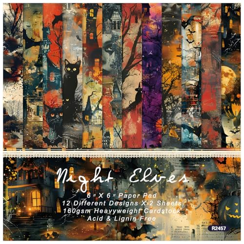 Scrapbooking Dekorpapier Cardstock Papierblock, Halloween-Musterpapierpaket, 48 Blatt 6"×6", dunkle Nacht, einseitig flach, DIY-Scrapbooking, Foto-Hintergrunddekor von PXAMORTEL