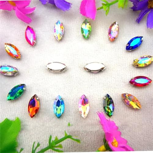 Sew on Rhinestone Glaskristall, Strass-Applikationen zum Nähen in Marquiseform und Pferderaugen-Glaskralle (3 x 6 mm, 50 Stück, A28 AB Colors Mix) von PXAMORTEL