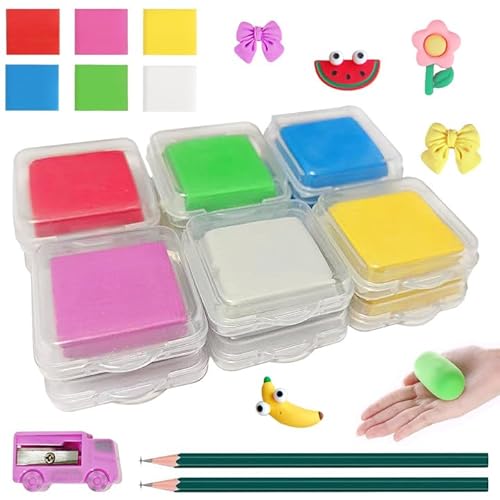 PXBSNB 12 Stück Knetradiergummis, Weich Knetbar Radiergummis, 3.2 X 3.5 CM 6 Farben Radiergummi Knete mit Kunststoffgehäuse, Skizzieren Radierknete für Bunte Zeichnung Schulbedarf Kinder Künstler von PXBSNB