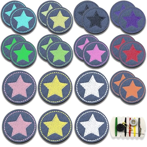 PXBSNB 24 Stück Bügelflicken Kinder, Rund Stern Bügelaufnäher mit 1 Packung Nähset, Bunte Flicken zum Aufbügeln, Selbstklebend Aufnäher Kinder, Aufbügelflicken für Jeans Kleidung Daunenjacke PXBSNB 24 Stück Bügelflicken Kinder, Rund Stern Bügelaufnäher mit 1 Packung Nähset, Bunte Flicken zum Aufbügeln, Selbstklebend Aufnäher Kinder, Aufbügelflicken für Jeans Kleidung Daunenjacke von PXBSNB