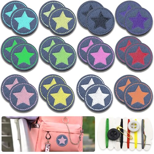 PXBSNB 24 Stück Bügelflicken Kinder, Rund Stern Bügelaufnäher mit 1 Packung Nähset, Bunte Flicken zum Aufbügeln, Selbstklebend Aufnäher Kinder, Aufbügelflicken für Jeans Kleidung Daunenjacke von PXBSNB