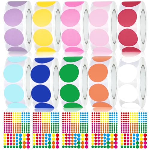 PXBSNB 5785 Stück Klebepunkte Bunt, 25 mm Punkte Aufkleber 10 Farben, Markierungspunkte Sticker, Etiketten Selbstklebende, Runde Aufkleber für DIY Büro Kalender Geschenk Umschläge(10 Rollen) von PXBSNB