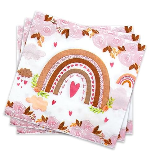 PXBSNB 60 Stück Boho Regenbogen Servietten, 33 x 33 cm Regenbogen Servietten, Einwege Servietten Geburtstag, Schöne Papierservietten Blumen für Hochzeit Tischdeko Taufe Deko von PXBSNB