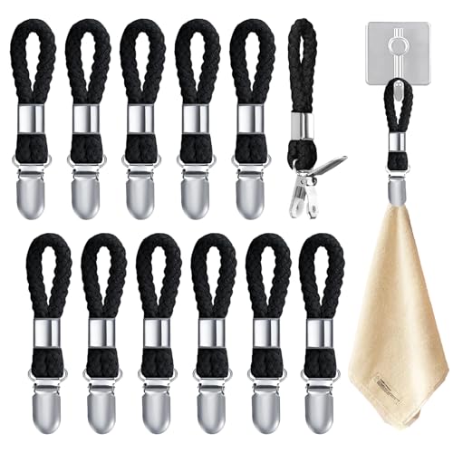 PXBSNB Aufhänger für Handtücher, 12 Stück Handtuchklammern, Handtuchclips mit Schlaufen, Metall Handtuchaufhänger Ohne Nähen für Haushalt Küche Badezimmer Balkon Schränke und Mehr (Schwarz) von PXBSNB