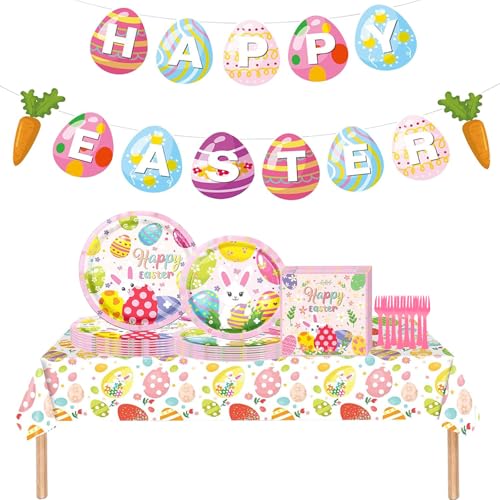 46-teiliges Oster-Partygeschirr, Osterdekoration, Oster-Thema-Party-Pappteller, Servietten, Tischdecke, Banner, Oster-Partyzubehör, rosa Hasenei-Geschirr-Set für Osterparty 46-teiliges Oster-Partygeschirr, Osterdekoration, Oster-Thema-Party-Pappteller, Servietten, Tischdecke, Banner, Oster-Partyzubehör, rosa Hasenei-Geschirr-Set für Osterparty von PXDUCN
