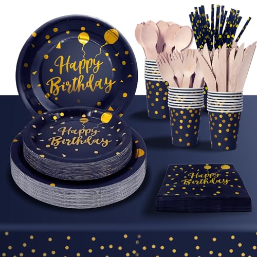 PYAILI 193 Pieces Happy Birthday Partygeschirr Set | Kindergeburtstag Dunkelblau Gold Pappteller | Tablecloth, Plates, Cups, Napkins, Papier Strohhalme und mehr (24 Gästes) von PYAILI