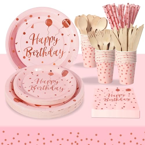PYAILI 193 Pieces Happy Birthday Partygeschirr Set | Kindergeburtstag Rosa Rotgold Pappteller | Tablecloth, Plates, Cups, Napkins, Papier Strohhalme und mehr (24 Gästes) von PYAILI