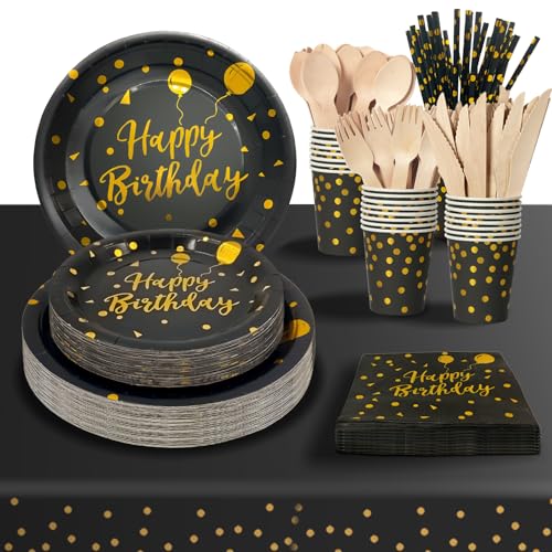 PYAILI 193 Pieces Happy Birthday Partygeschirr Set | Kindergeburtstag Schwarz Gold Pappteller | Tablecloth, Plates, Cups, Napkins, Papier Strohhalme und mehr (24 Gästes) von PYAILI